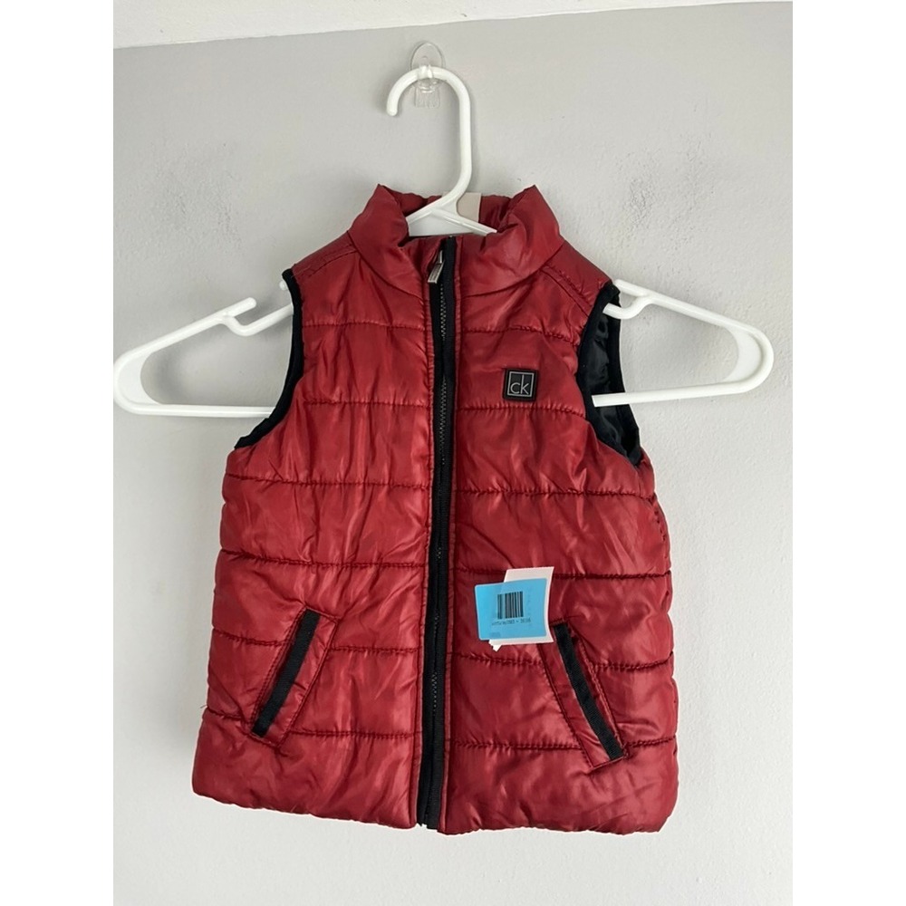Kids Calvin‎ Klein Red Puffer Vest Black Trim Full Zip Logo Patch Size Toddler